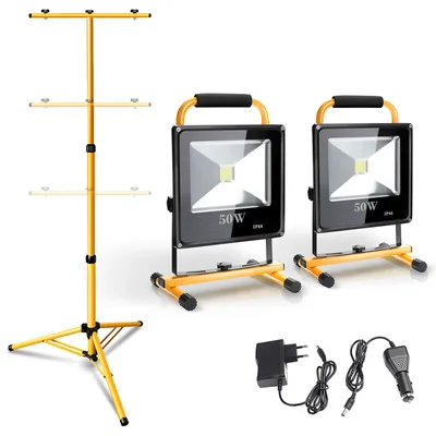 Produktbild von Jopassy LED Akku Fluter Baustrahler Arbeitsleuchten mit Teleskopstativ Kaltweiß LED Arbeitsscheinwerfer 2x50W+1xStativ Fluter Flutlicht
