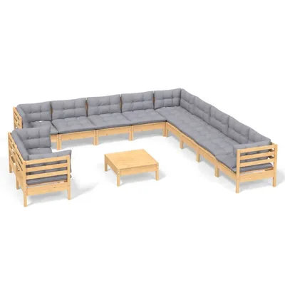 Produktbild von vidaXL 12-tlg. Garten-Lounge-Set mit Grauen Kissen Massivholz Kiefer