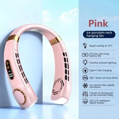 Produktbild von Nackenventilator tragbar, flügellos, USB wiederaufladbar, LED-Display, geräuschlos – Pink