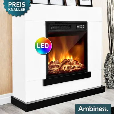 A white electric fireplace with a realistic flame effect and LED lighting.