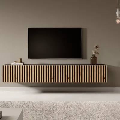 Produktbild von Selsey TV-Lowboard Telire Schwarz mit Wotan Eiche - Lamellenfronten ,175 cm breit
