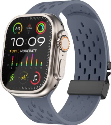 Produktbild von Strap-it Atmungsaktives Silikon-Sportband mit Fallschirmschließe - passend für die Apple Watch / iWatch Serie 1/2/3/4/5/6/7/8/9/10/Ultra(2) - große Größen 44mm - 45mm - 46mm - 49mm (grau blau)