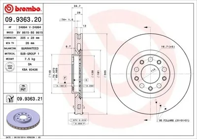 Produktbild von 2x BREMBO 09.9363.20 Bremsscheibe Vorderachse