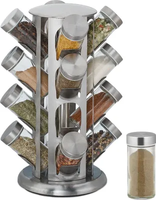 Produktbild von Relaxdays Gewürzkarussell, mit 16 Gewürzgläsern, 360° drehbar, Edelstahl, Glas, HxD 33 x 22 cm, Gewürzregal rund, silber