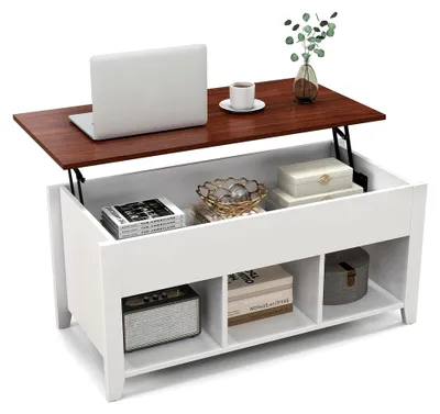 Produktbild von Höhenverstellbarer Couchtisch mit 3 offenen Ablagefächern, Wohnzimmertisch mit Stauraum, Vintage Sofatisch für Wohnzimmer und Büro (Weiß)