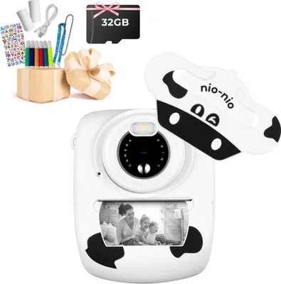 Obrázok produktu pre 1080P detský fotoaparát okamžitý fotoaparát detská aplikácia selfie digitálny fotoaparát pripojený cez WiFi 2,4 palca s 32GB TFCard 6 farebných štetcov 1 nálepka (biela krava)