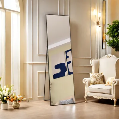 Obrázok produktu pre Veľké celoplošné zrkadlo, 140 x 40 cm, veľké stojace zrkadlo, závesné zrkadlo, obdĺžnikové, čierne