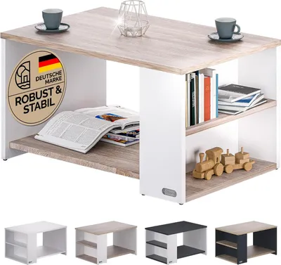 Zdjęcie produktu dla Stolik kawowy, biały/dąb, 90 x 60 x 50 cm, półki do przechowywania