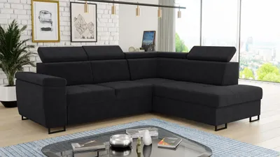 Produktbild von Ecksofa Natan mit Schlaffunktion und einstellbare Kopfstützen - Wohnlandschaft mit Metallfüßen, Couchgarnitur, Bettkasten, Sofa (Ecksofa Rechts, Schwarz (Kronos 07))