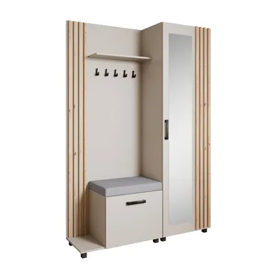 Produktbild von Garderoben-Set LIVIA Links Kaschmir – Garderobenschrank mit Spiegel, Schuhschrank mit grauem Sitzkissen, Lamellen in Eiche Artisan, Hochschrank