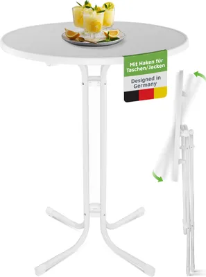 Produktbild von BeFair Gastro Stehtisch Nico Klappbar Ø 80 cm Bistrotisch Partytisch Rund Weiß Klapptisch Vormontiert mit 4 Haken für Jacken oder Taschen