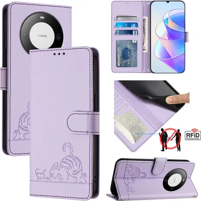 Produktbild von Leder Hülle für Huawei Mate 60 Pro/Mate 60 Pro+ Süße Katze Flip Case Brieftasche Schutzhülle mit Standfunktion Lila