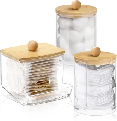 Imagen del producto de Dispensador de cosméticos de acrílico con tapa de bambú, juego de 3 piezas, transparente, para la organización del baño