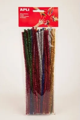 A package of colorful chenille stems (pipe cleaners) is shown against a white background.