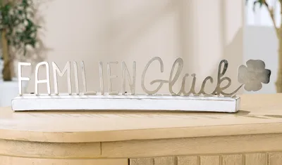 Immagine prodotto di Gilde Schriftzug, "Familienglück", Kleeblattmotiv, Aluminium, silberfarben, VE 2, L. 5 cm, B. 36,5 cm, H. 8,5 cm