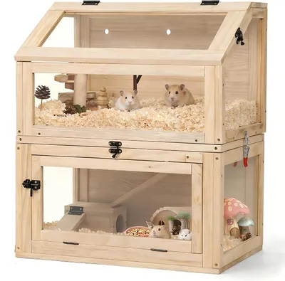 Imagen del producto de Jaula para hámster Nagarium de dos niveles, hecha de madera natural con paneles de acrílico – Grande, 60x40x70 cm. Jaula para ratas, jaula de varios niveles con plataformas separables y puertas abatibles