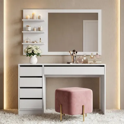 Produktbild von BEAUTYSOFA | Schminktisch MALTA Weiß 120 cm mit Spiegel und 5 Schubladen – rechts oder links montierbar, Moderner Frisiertisch, ohne Griffe
