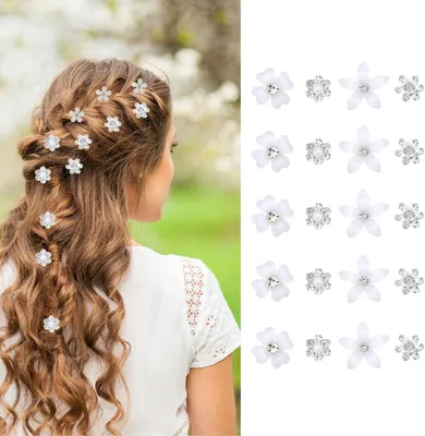 Imagen del producto de Horquillas para el pelo, con flores blancas, 20 unidades, 4 diseños, ideales para bodas