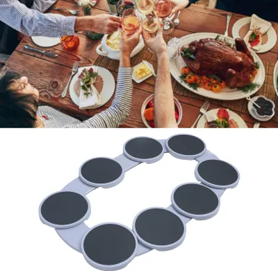 A group of people enjoying a meal together, with a roasted turkey and various dishes on the table. Below is a product shot of a rotating tray.