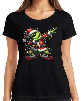 Zdjęcie produktu dla Grinch Dabbing Christmas Santa Fairy Lights Śmieszny prezent Koszulka damska, Czarny, S