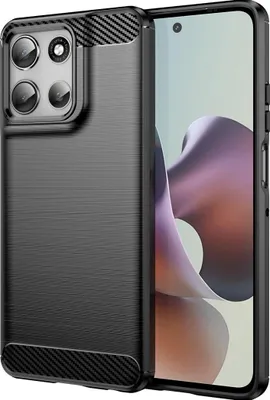A black TPU phone case with a carbon fiber design texture is shown next to a smartphone.