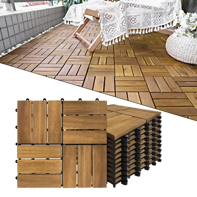 YUENFONG Holzfliesen Mosaik aus Akazie Holz 12 Latten Fliese 11 Stück 30x30 cm Terrassenfliese Balkonfliesen Gartenfliesen(11 Stück, 1m²)