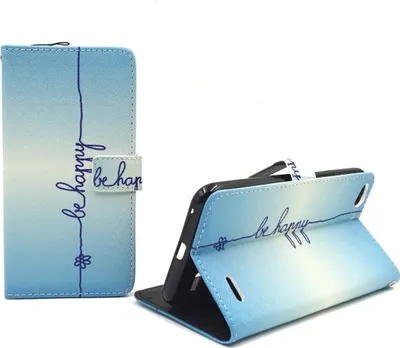 Produktbild von Handyhülle Tasche für Handy Vodafone Smart Ultra 6 Schriftzug Be Happy Blau