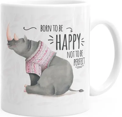 Produktbild von Kaffee-Tasse Spruch Nashorn Born to be happy not to be perfect Quote glücklich fröhlich positives Denken MoonWorks® weiß unisize