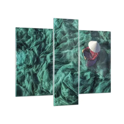 Produktbild von Bilder auf glas - 3 Teile - Netzwerk Fischer Vietnam - 95x80cm - Glasbilder - Wandbilder - Bilder - zum Aufhängen bereit - Wanddekoration aus Glas - Glas Bilder - Wandbild auf Glas - GCB95x80-4309