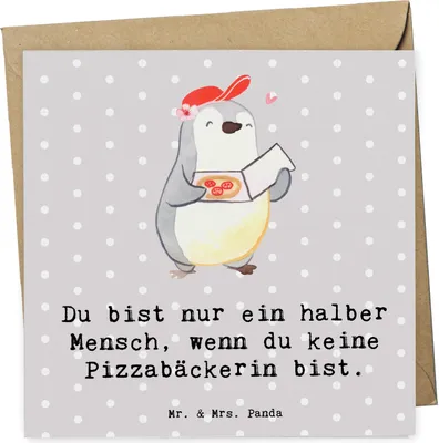 Produktbild von Mr. & Mrs. Panda Grußkarte Pizzabäckerin Herz - Grau Pastell - Geschenk, Pizzabringdienst, Klappkarte, Glückwunschkarte, Witzig, faltkarte, Spruch, anlasskarte, Lustig