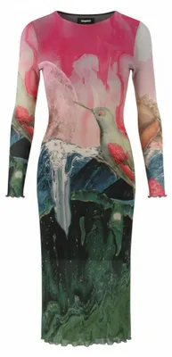 Produktbild von Desigual Skyline Damenkleid – farbenfroh, weit geschnitten, mit Ausschnitt am Rücken, aus Tüll, Midi-Länge