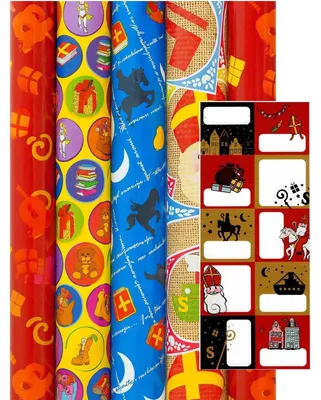 Productafbeelding van Sinterklaas cadeaupapier - Inpakpapier - 200 x 70 cm - 5 rollen 20 inclucief naamlabels