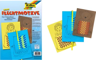 Produktbild von Flecht- & Webmotive aus Tonpapier (130 g/m?), DIN A4, 48 Blatt farbig sortiert mit 8 verschiedenen Motiven, kreative Beschäftigung für Kinder (ABVK)