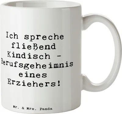 Produktbild von Mr. & Mrs. Panda Kaffeetasse Spruch Erzieher Kindisch - Weiß - Geschenk, Erziehung, Betreuung, Trinkbecher, Berufsgeheimnis, Berufsleben, Kindergarten, Becher, Fantasie