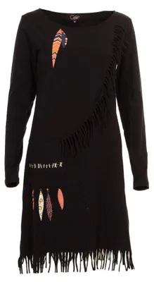 Produktbild von Coline Damen Kleid, Boho-Stil, Lange Ärmel, Viskose, Ethno-Print, Fransenbesatz,