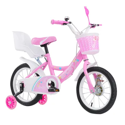 Produktbild von 16 Zoll Kinderfahrrad,Fahrrad Kinderrad mit Stützräder&Korb& Puppenradsitz für ab 5-8 Jahre,Tretfahrrad Fahrrad für Schulung Outdoor Reiten (Rosa)
