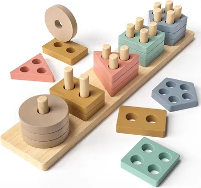 Immagine prodotto di Giochi Montessori in legno per bambini dai 1, 2 e 3 anni - Giochi di ordinamento e di impilamento - Giocattoli per lo sviluppo della motricità - Giocattoli in legno