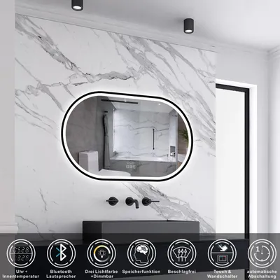 Produktbild von AICA LED Badspiegel Oval 100x60cm Beschlagfrei Bluetooth Uhr 3 Lichtfarbe Dimmbar Wandspiegel mit Schwarzem Rahmen IP44