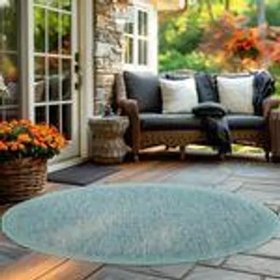 Produktbild von Outdoor Teppich Wetterfest, Pflegeleicht Stilvolles Modern Design, ideal für Terrasse, Balkon, Garten, Küche, Größe: 200 cm Rund, Farbe: Blau