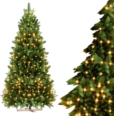 Productafbeelding van JOIEYOU kerstboom, 225 cm, kunstmatig, met groene PVC-punten en groene PE-punten, dennenboom/kerstboom met houten voet en warmwitte LED-verlichting, geschikt voor Kerstmis, Halloween en bruiloften (zonder sneeuweffect)