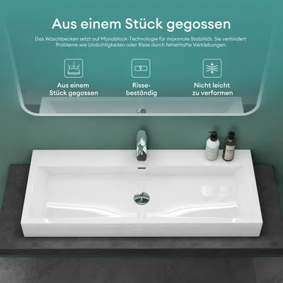 Produktbild von Mai & Mai Breite: 76,5cm Waschbecken Aufsatz-Waschschale Hänge-Becken Mineralguss in weiß 1 Armaturenloch Bad Eckig Col06
