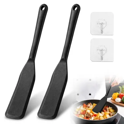 Image de Spatules en silicone noires, lot de 2, avec crochet, résistantes à la chaleur, antiadhésives, 25,5 cm
