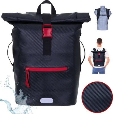 Produktbild von Rucksack Herren Plane Time Bag Evo 24 L Kurierrucksack Roll-Top A4 Freizeitrucksack Laptoprucksack wetterfest Elephant 13075 Carbon Schwarz ROT +f