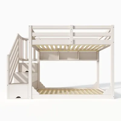 Produktbild von Fliek Etagenbett 90x200cm mit Schubladen und Regal, Kinderbett Bodenbett mit Rausfallschutz, Hochbett Einzelbett mit Lattenrost, Stockbett Weiß