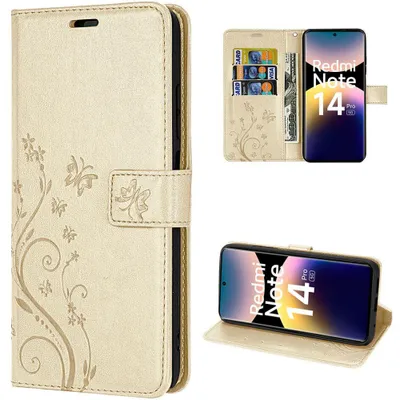 Image de Coque pour Xiaomi Redmi Note 14 Pro 5G, Protection Cuir Synthétique Antichoc Doré Motif Papillon Fleurs