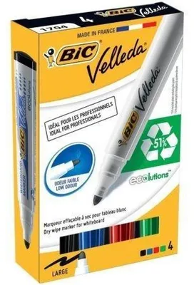 Zdjęcie produktu dla BIC Velleda Whiteboard Marker 1701, 4 szt., Czarny, Niebieski, Zielony, Czerwony, Końcówka pociskowa, Czarny, Niebieski, Zielony, Czerwony, Biały, Plastik, Okrągły