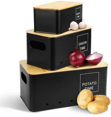 Immagine prodotto di Set di 3 contenitori in metallo per la conservazione di verdure: patate, cipolle e aglio, con fori di ventilazione, colore nero, dimensioni: 33 x 18 x 15 cm / 22 x 15 x 14 cm / 14 x 14 x 9,5 cm
