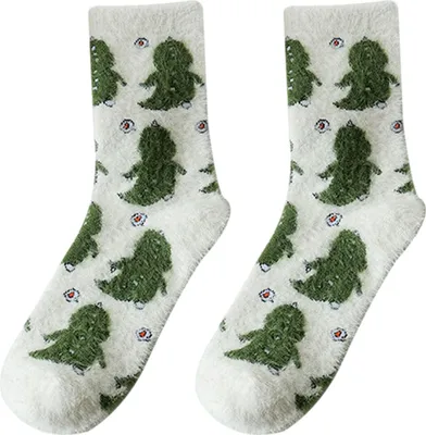 Produktbild von 1 Paar Winter-Bodensocken mit Cartoon-Kuh-Dinosaurier-Aufdruck, farblich passende dicke Fleece-Mittelröhre, rutschfest, elastisch, warm, weich, Knöchelschutz, Damensocken