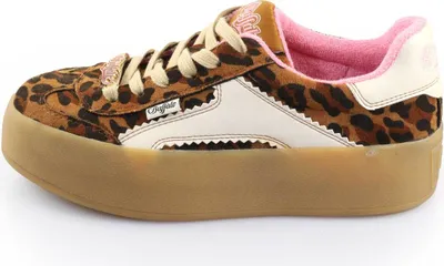 A side view of a single Buffalo Cajo sneaker with a leopard print.