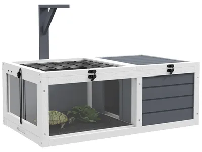 Zdjęcie produktu dla Domek dla żółwi, terrarium dla gadów z 2 pomieszczeniami, pokrywą, plastikowymi szufladami, oknem, drewno, szary